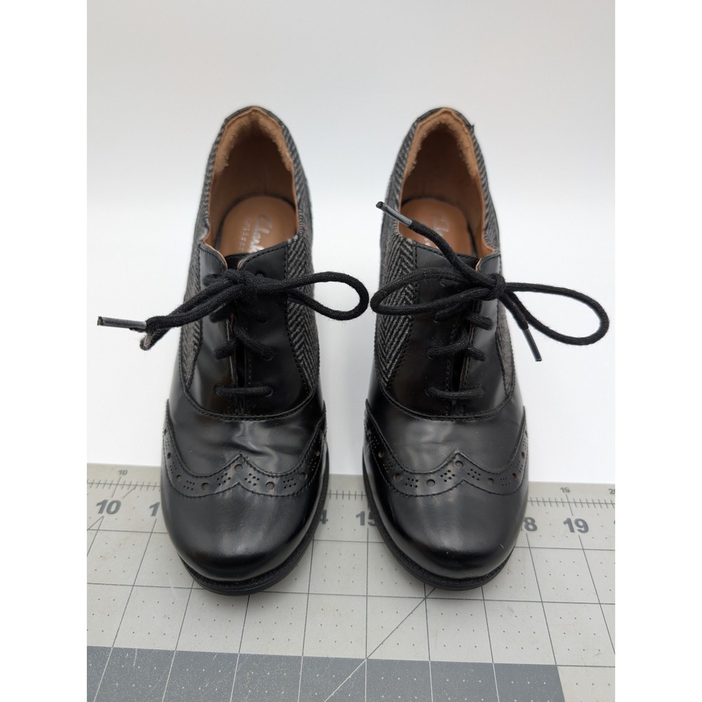 Clarks Black Combi Ciera Brine Leather Oxford Block Heel Black Women Size 6.5